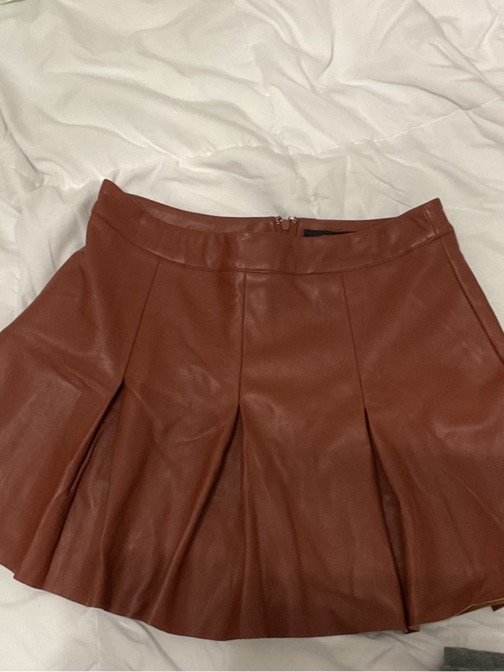 New Forever 21 Faux Leather Pleated Skater Skirt in Rust Brown